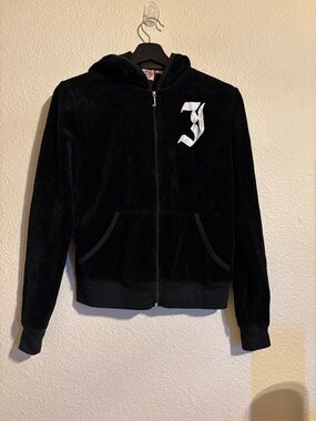 Juicy Couture Black Velour Hoodie with Pink Crest Label